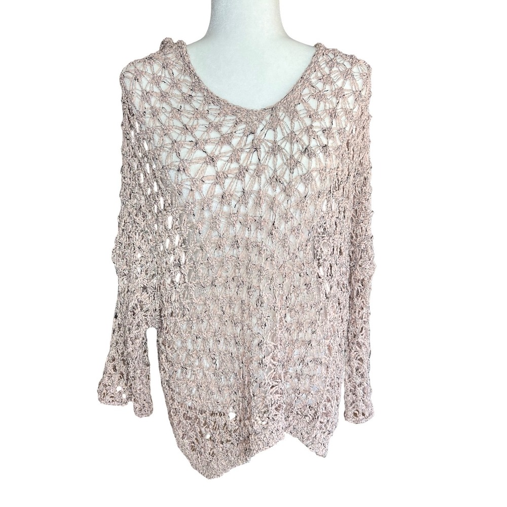 POL Womens Open Knit V-Neck Batwing Boho Sweater Pink Marl Silver Metallic Sz S